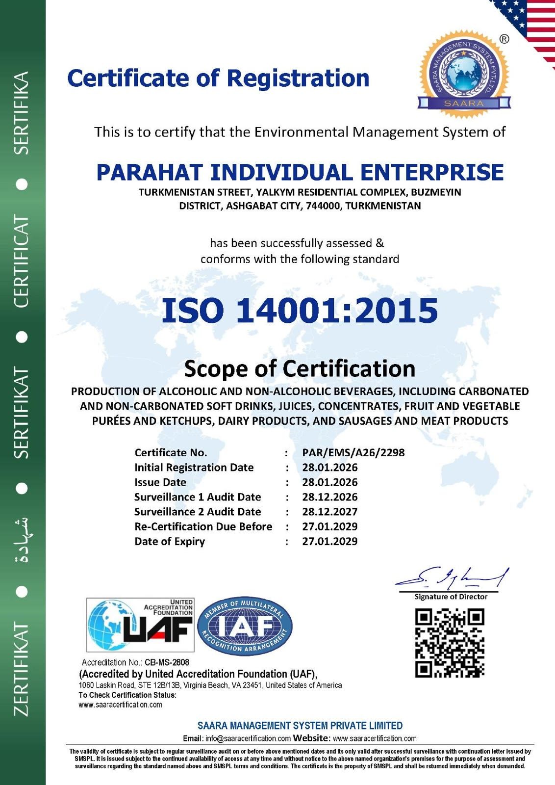 Сертификат ИП "ПАРАХАТ" ISO 14001:2015