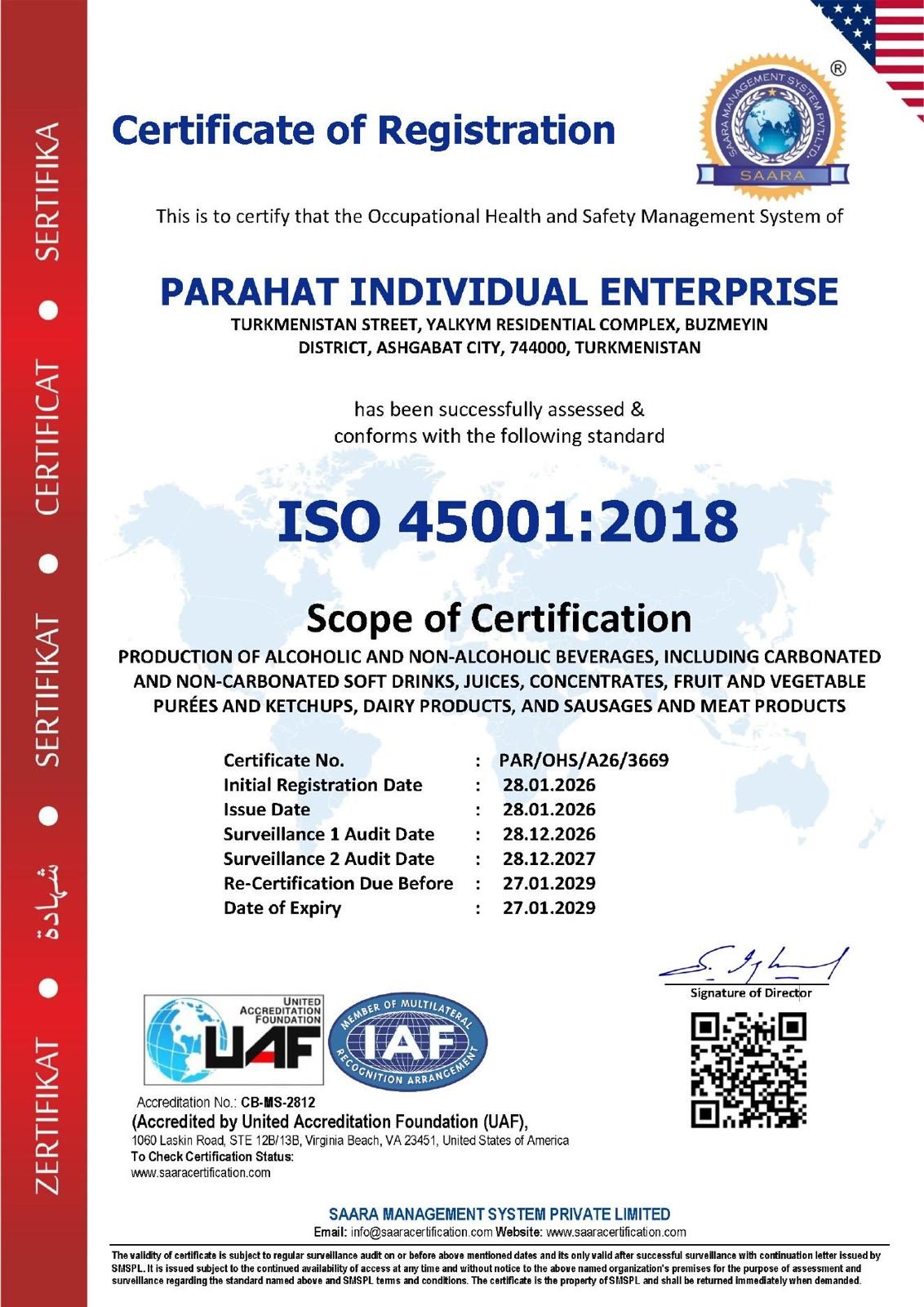 Сертификат ИП "ПАРАХАТ" ISO 45001:2018
