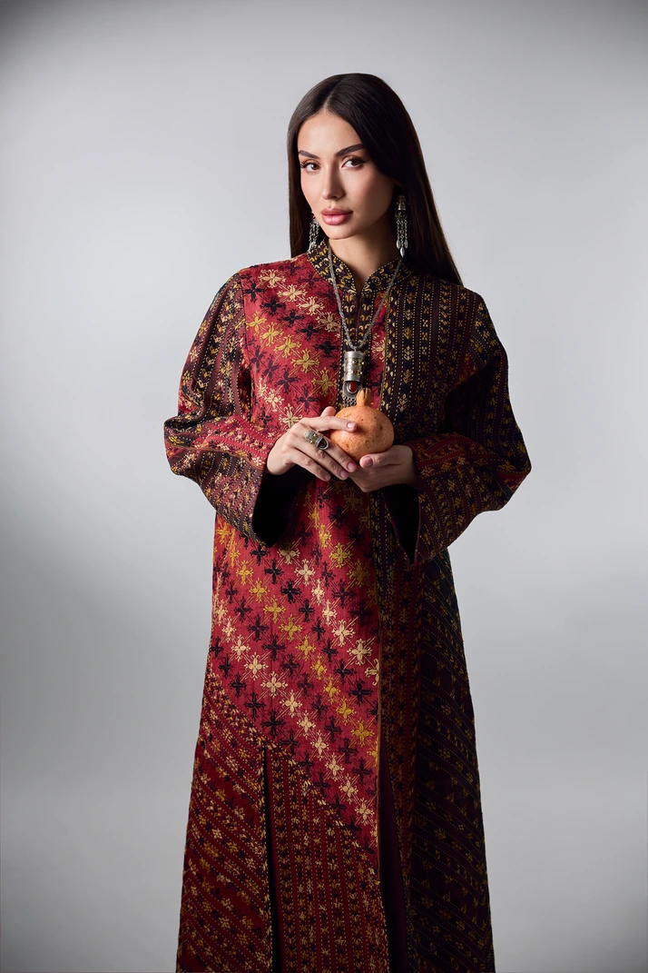Gulyaka couture — full-length portrait in heritage embroidery